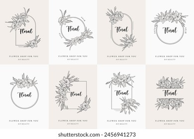 Set of daffodil flower frame logo line art. Floral narcissus wreath, border with branch and leaves. Botanical round ornament monogram. Elegant vintage simple emblem vector illustration