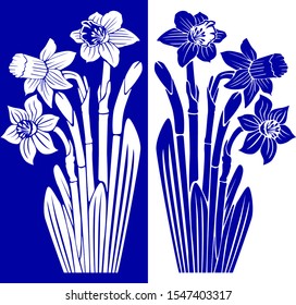 Set of daffodiles isolated on white and blue background. Mirror image. Stencil. Template. Logo. Tattoo. Wall Art. Simple Illustraion. Vector.