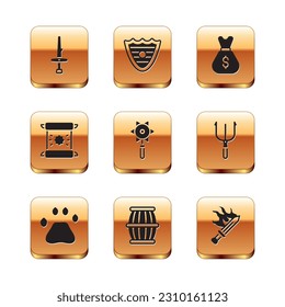 Set Dagger, Bear paw footprint, Gun powder barrel, Medieval chained mace ball, Decree, parchment, scroll, Old money bag, Sword for game and Shield icon. Vector
