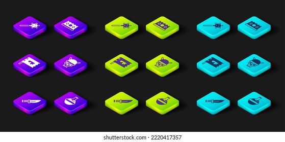 Set Dagger, Bottle with potion, Viking flag, Skull viking helmet, King crown and Mace spikes icon. Vector