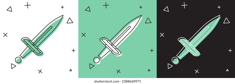 Set Dagger Symbol einzeln auf weißem und grünem, schwarzem Hintergrund. Knife-Symbol. Schwert mit scharfem Blade.  Vektorgrafik