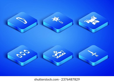 Set Dagger, Medieval bow, King crown, Bullet, chained mace ball and Body armor icon. Vector