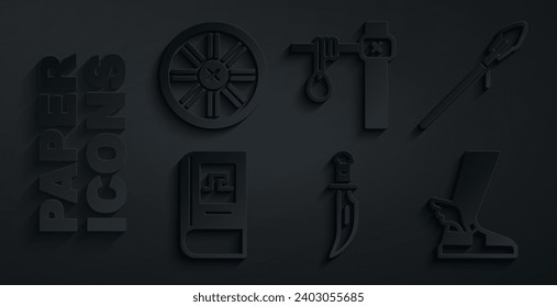 Dagger, lanza medieval, libro de historia griega, sandal de Hermes, Gallow y icono de la rueda de madera antigua. Vector