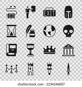 Separar Dagger, Edificio Museo, Calavera Humana, Señal de salida, Feather and inkwell, Viejo reloj de arena, guía de audio e icono del globo terrestre. Vector