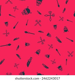 Set Dagger, Skull with viking helmet, Medieval spear and arrows on seamless pattern. Vector