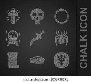 Set Dagger, Snake, Neptun Planet, Spider, Dekret, Perchment, Scroll, Magic Ball, Ouroboros und Christian Cross Icon. Vektorgrafik