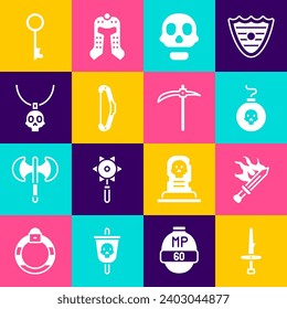 Set Dagger, Schwert für Spiel, Bombe bereit explodieren, Schädel, mittelalterliche Schleife, Necklace Amulet, Old Key und Pickaxe Symbol. Vektorgrafik