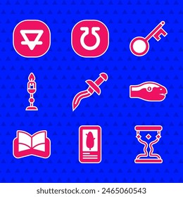 Set Dagger, Tarot cards, Medieval goblet, Snake, Ancient magic book, Burning candle, Old key and Earth element icon. Vector