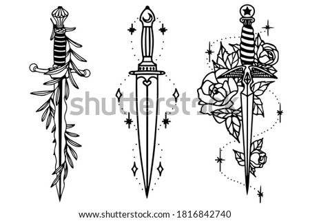 Set of daggers in vector. Decorated daggers. Roses and an olive branch entwining.