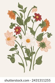 Conjunto con flores de dalia. Vector ilustración botánica. Verano y plantas de otoño. Colorido