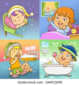 set of daily activities cartoon