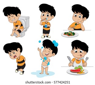 Set Of Daily Activities Routines,kid  Taking A Bath, Funny Little Boy Brushing Teeth, Sitting On Toilet, Breakfast.vector And Illustration.