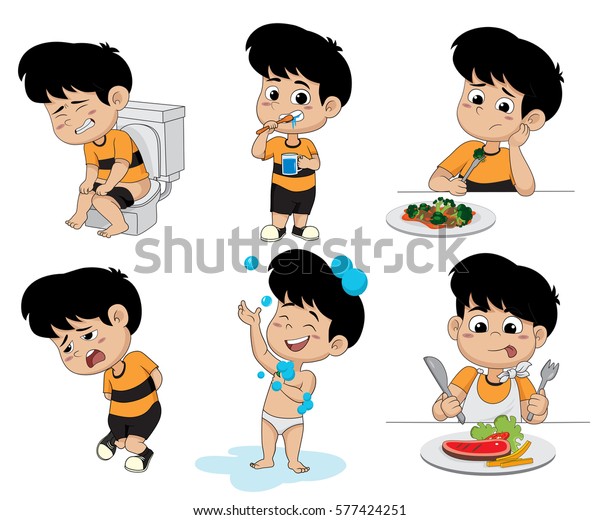 日常の活動 お風呂に入る子ども おかしな少年が歯を磨く トイレに座る 朝食 ベクター画像 イラスト のベクター画像素材 ロイヤリティフリー
