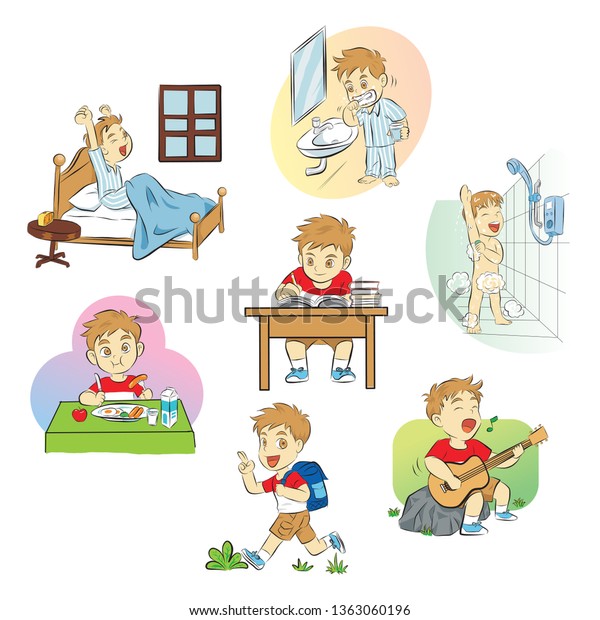 Set Daily Boy Wake Brushing Teeth Stock Vector (Royalty Free) 1363060196