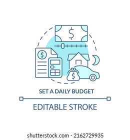 Set daily budget turquoise concept icon. Plan travel expenses. Road trip advice abstract idea thin line illustration. Isolated outline drawing. Editable stroke. Arial, Myriad Pro-Bold fonts used