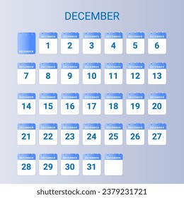set of Daily calendar of December month on white paper note. vector
