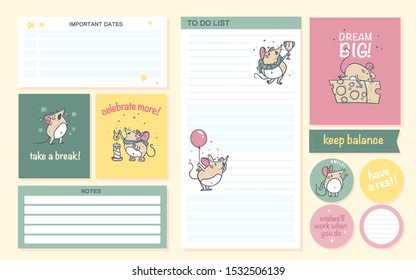 Set of daily calendar planner page, card, stickers design template for children. Cute hand drawn little mouse character, motivation sayings. Flat lay, pastel color. Back to school. Vector illustration