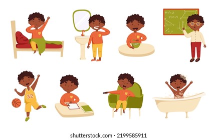 Conjunto de adorable ilustración vectorial de niños negros africanos. El chico se despierta, cepilla los dientes, desayuno, aprendizaje en la escuela, baño, sueño. rutina diaria. Programar. Aislado sobre un fondo blanco