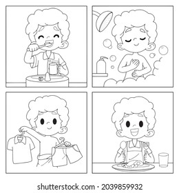 Set of daily cute boy cartoon,boy brushing teeth,taking a bath,dressing up,breakfast,vector illustration isolated on white background,coloring book pages