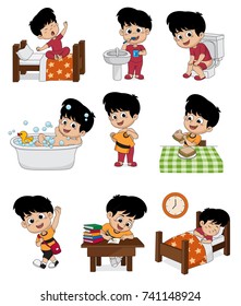 Set of daily cute boy.Boy wake up,brushing teeth,kid pee,taking a bath,dressed up,breakfast,kid learning,kid sleep.vector and illustration.