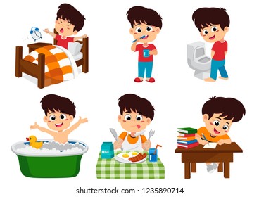 Set of daily cute boy,boy wake up,brushing teeth,kid pee,taking a bath,breakfast,kid writhing.vector and illustration.