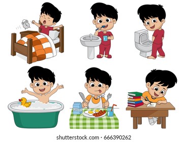 Set of daily cute boy,boy wake up,brushing teeth,kid pee,taking a bath,breakfast,kid writhing.vector and illustration.