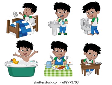 Set of daily cute boy,boy wake up,brushing teeth,kid pee,taking a bath,breakfast,kid writhing.vector and illustration.