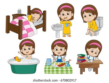 Set of daily cute girl,wake up,brushing teeth,kid pee,taking a bath,breakfast,kid writhing.vector and illustration.