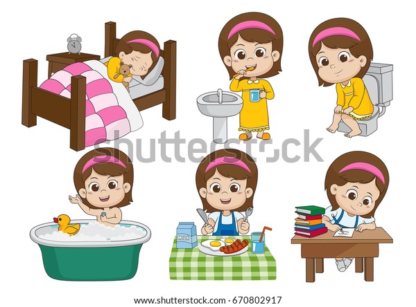 毎日のかわいい女の子のセット 目を覚ます 歯を磨く 子どものおしっこ お風呂に入る 朝ご飯を食べる 子どものくるみを描く ベクター画像とイラスト のベクター画像素材 ロイヤリティフリー