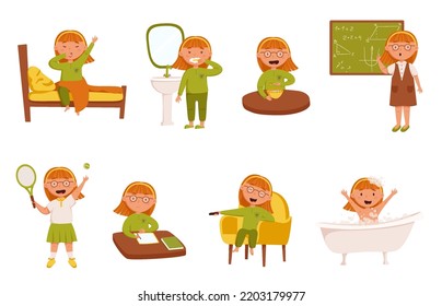 Set of daily cute red-haired girl vector illustration. Kid wake up, brushing teeth, breakfast, learning at school, taking a bath, sleep. Daily routine. Schedule. Isolated on a white background
