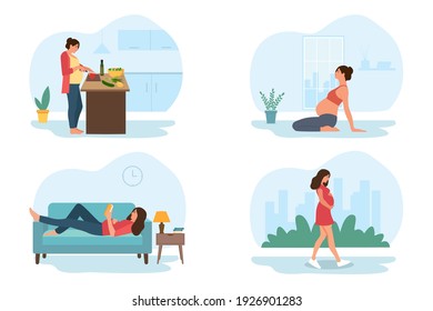 A set of daily leisure and work activities performed by a pregnant woman. A set of scenes from everyday life. Woman cooking, doing yoga, reading, walking.Vector illustration