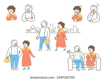 Set of daily life of a grandfather and an old lady_color