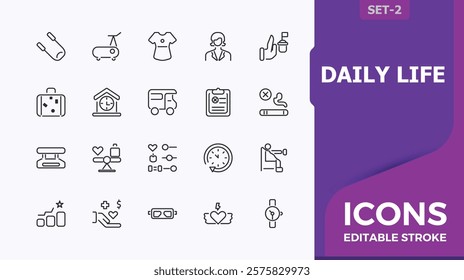 Set of Daily Life line icons. Includes icons for dumbbell, food, nutrition, muscle, habit and more. Pixel perfect. Editable vector icon and illustration.