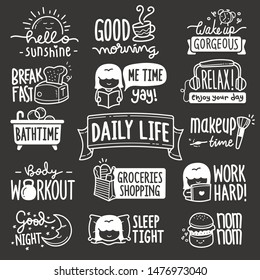 Set of daily life related objects and elements. Hand drawn vector doodle illustration collection in Blackboard chalk style..