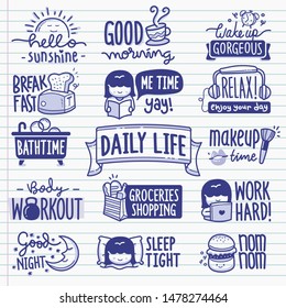 Set of daily life related objects and elements. Hand drawn vector doodle illustration collection in blue ballpoint sketch style.