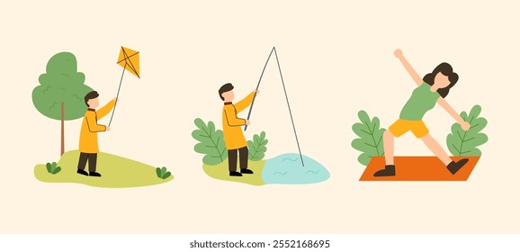 Set of daily life scenes.Flat cartoon character illustration