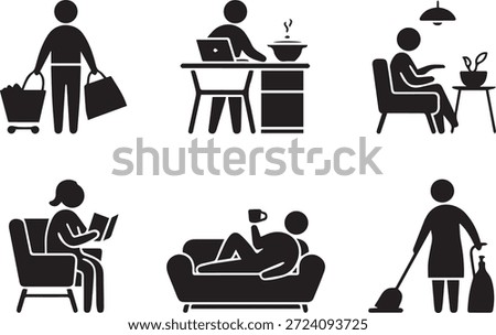 Set of daily life working icons in silhouette style, isolated on a white background, perfect for office, career, productivity, business, and everyday work-themed design projects.