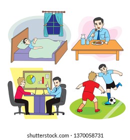 set of daily man sleep breakfast work exercise vector illustration isolated cartoon background