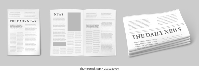 Set of daily news press templates, vector illustration. Paper newspaper, mockup for text. Business press, template, mockup