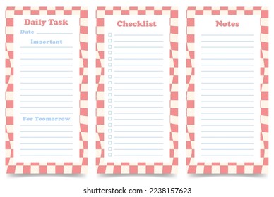 Set of daily palnners, checklist, notes pages template. Routine organization. Vertical list on pink checkerboard pattern background. Y2k style. Vector illustration