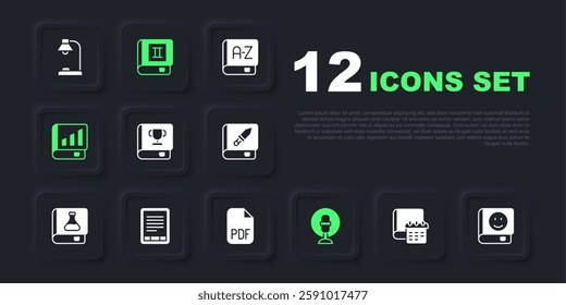 Set Daily paper notepad, Book, Microphone, Financial book, E-Book reader,  and PDF file document icon. Vector