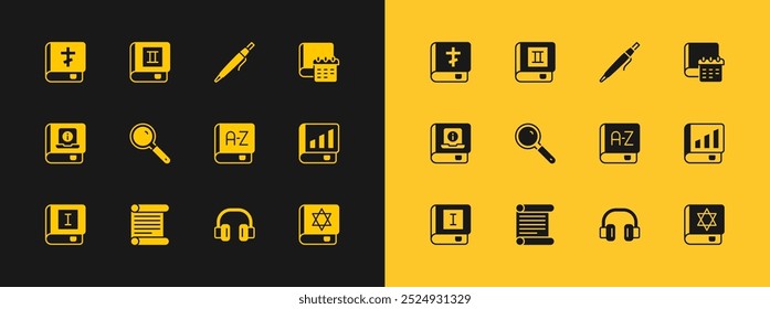 Set Daily paper notepad, Decree, parchment, scroll, Translator book, Headphones, Magnifying glass, Pen, Holy bible and Book icon. Vector