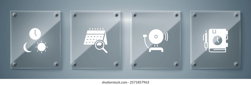 Set Daily paper notepad, Ringing alarm bell, Calendar search and Day and night with time. Square glass panels. Vector