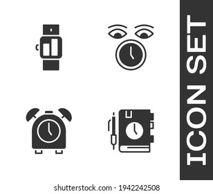 Establece el bloc de notas de papel diario, Smartwatch, reloj de alarma e icono Reloj. Vector