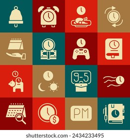 Set Diario bloc de notas de papel, El tiempo vuela en el reloj, para el libro, La hora de la comida, es el dinero, Calendario, Timbre y Gamepad de icono. Vector