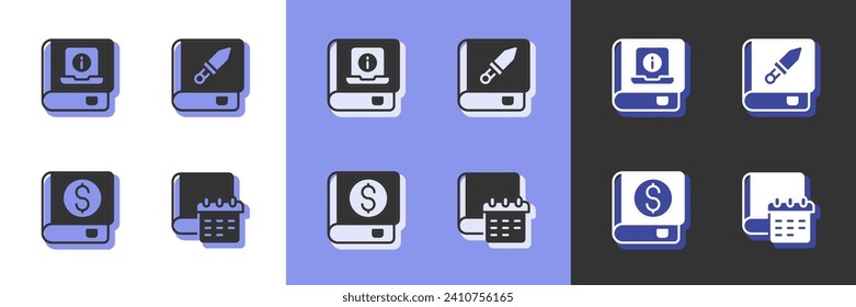 Fijar el papel diario, el manual del usuario, el libro financiero y el icono del arma. Vector