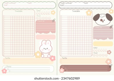 Set Daily planner sheets with cute kawaii animals bunny and dog. Soft color Blank template. Vector illustration. Minimal style. Clean style. Daily membership .