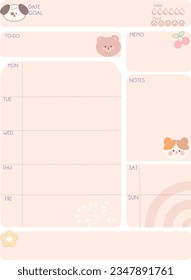 Set Daily planner sheets with cute kawaii animals cat. Soft color Blank template. Vector illustration. Minimal style. Clean style. Daily membership .