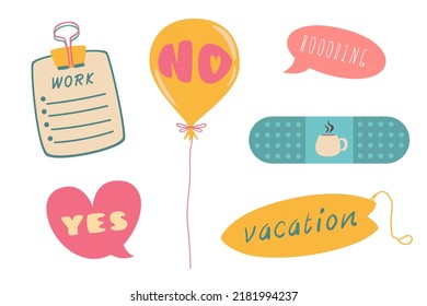 Set Of Daily Planner Stickers, Patches Collection For To Do List. Weekly Badges With Quotes And Lettering. Isolated Vector For Online Communication, Web Design, Chat. Cute Cartoon Doodle Style.