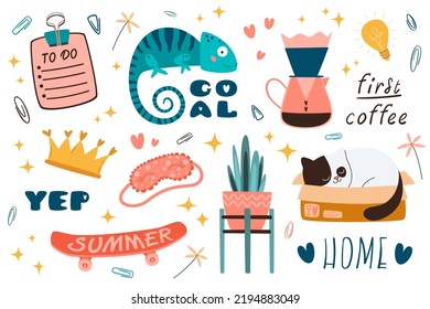 Set Of Daily Planner Stickers, Patches Collection, Weekly Badges With Quotes And Illustrations. Isolated Vector For Trendy Scheduler Or Organizer, Note Paper, Chat. Cute Cartoon Doodle Style.